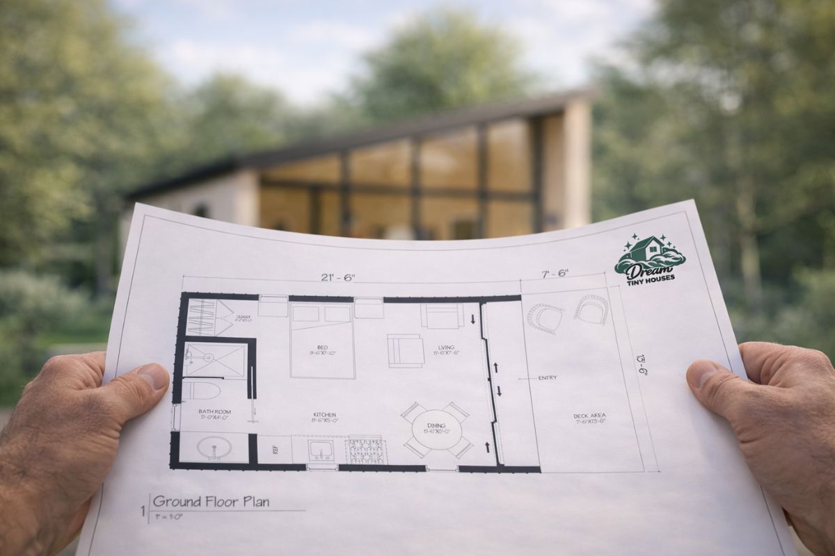 Dream Tiny Houses architectural drawings and material samples